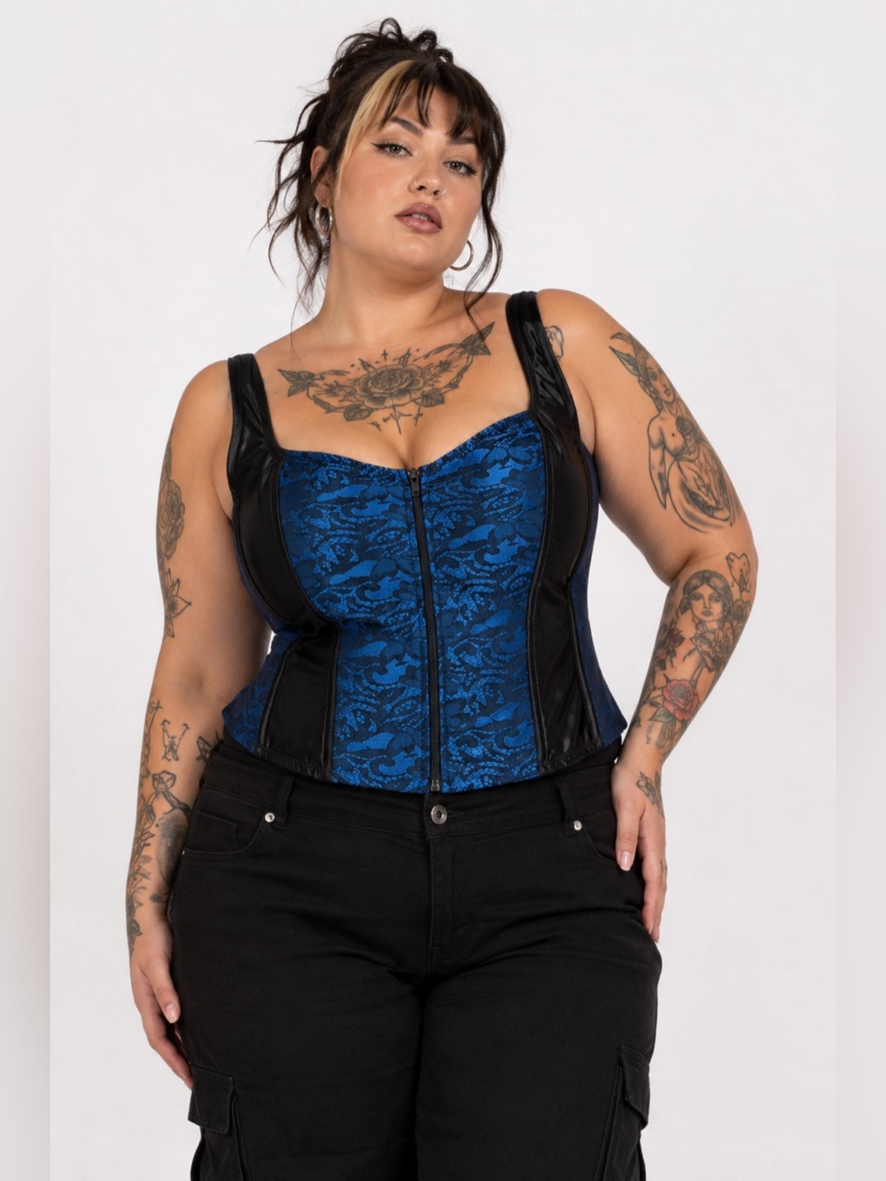 Y2K Floral Lace Renaissance Corset Bustier (Blue/Black) Size 2X/3X